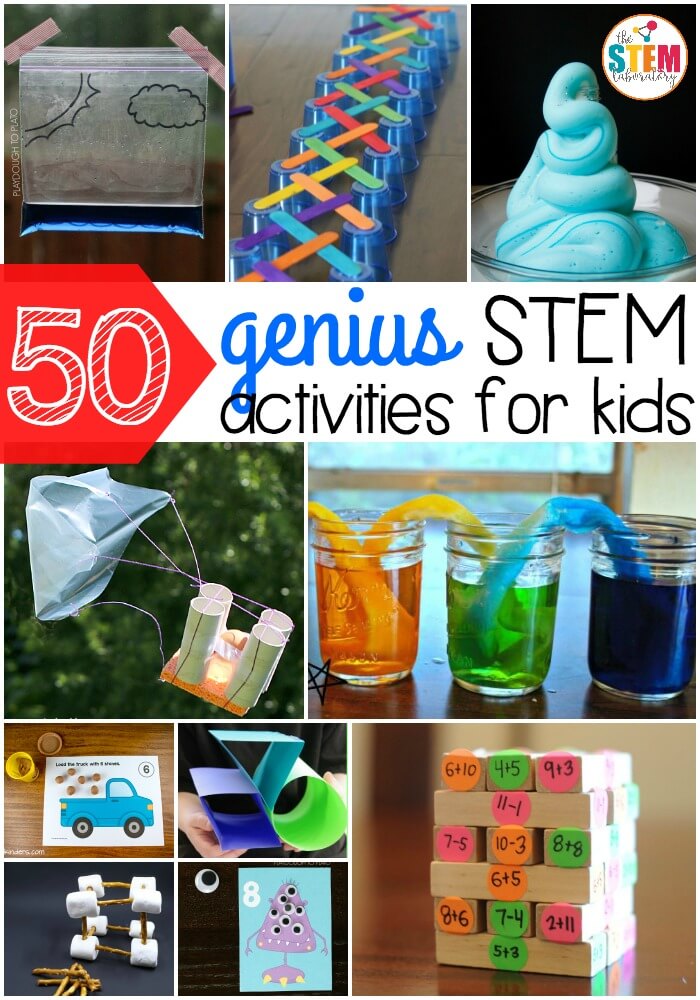 50 genius STEM activities for kids! So many fun science, technology, engineering and math ideas in one spot. Perfect for preschool, kindergarten, first grade or second grade.