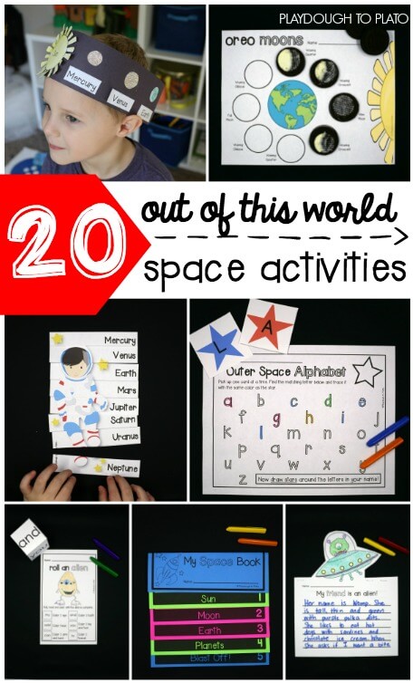 20 out of this world space activities for preschool, kindergarten, first grade and second grade. So many fun ways to learn about space!