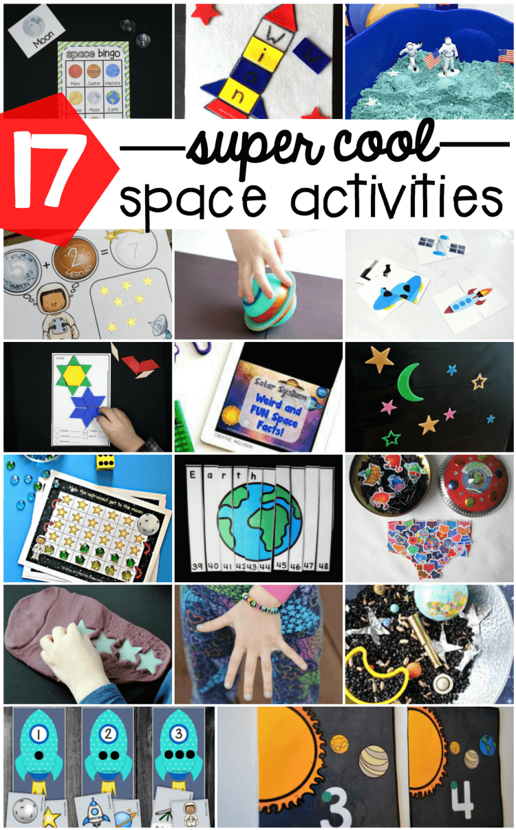 Awesome space activities for kids! Math games, sensory bins, Bingo, name activities... tons and tons of fun outer space ideas for preschool, kindergarten and first grade!