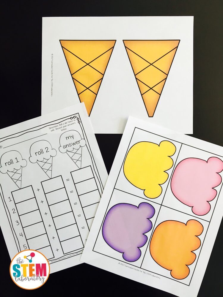 Prepping for Ice Cream Roll and Scoop a free hands-on addition game by The STEM Laboratory