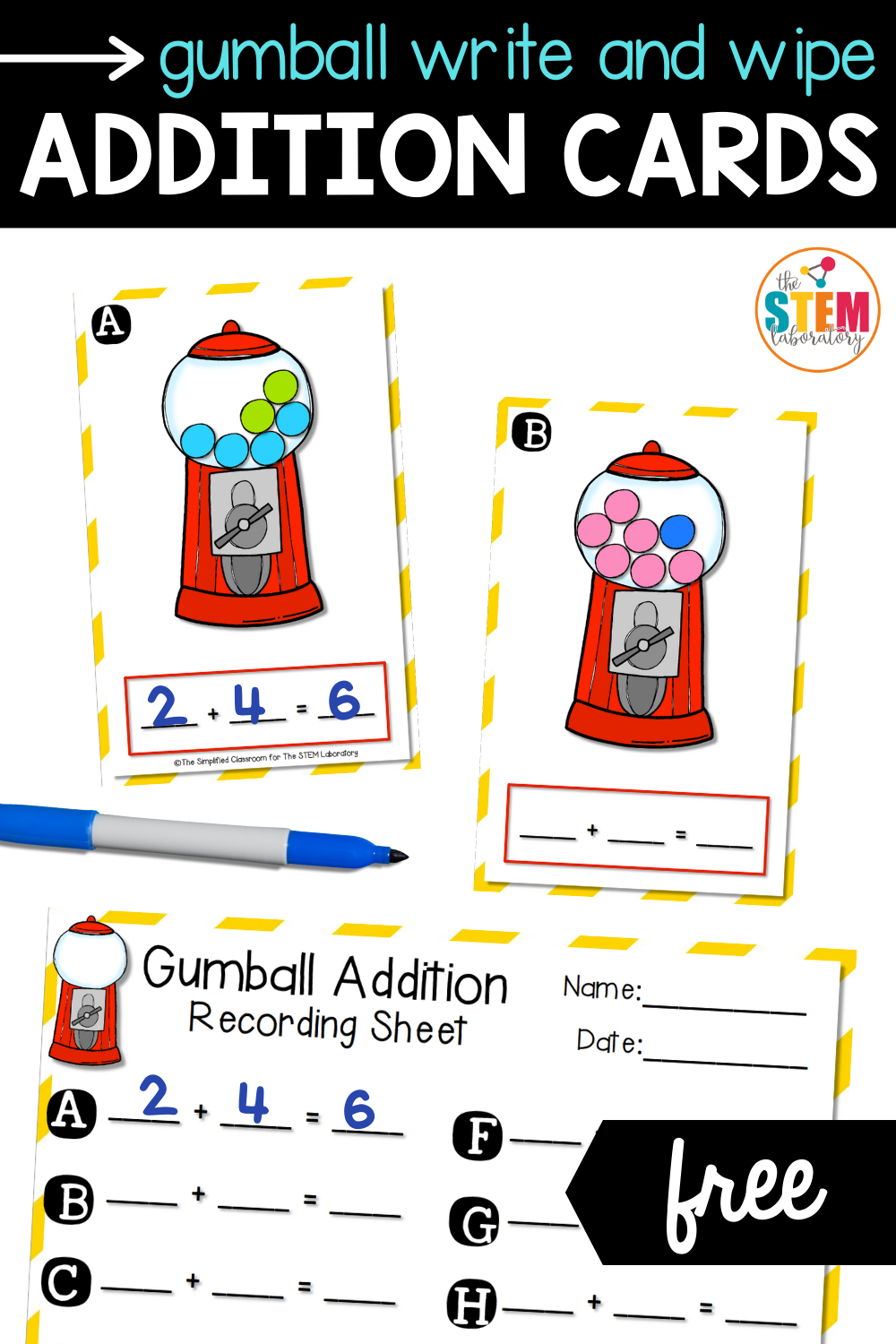 Gumball Write and Wipe Addition Cards - The Stem Laboratory